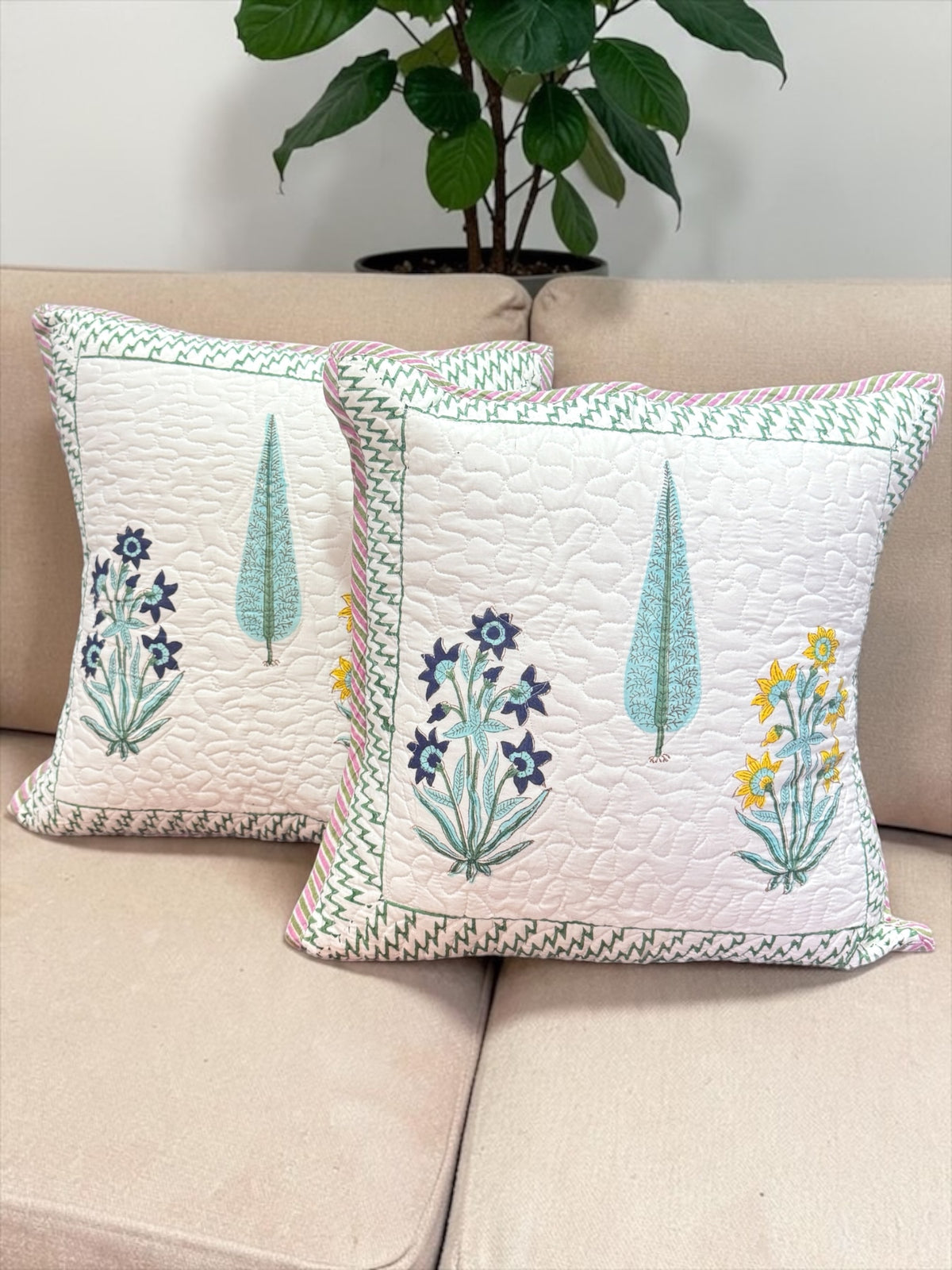 Pair of Quilted Handblock Printed Cushion Covers- 16*16 inches