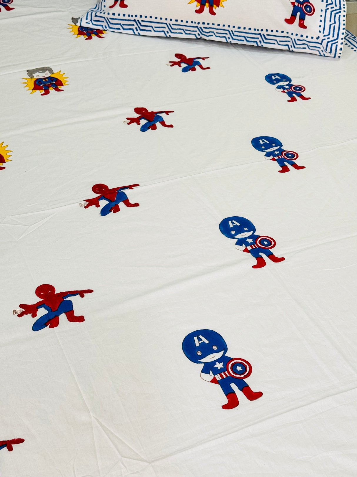 Super Heroes Blockprint Cotton Bedsheet