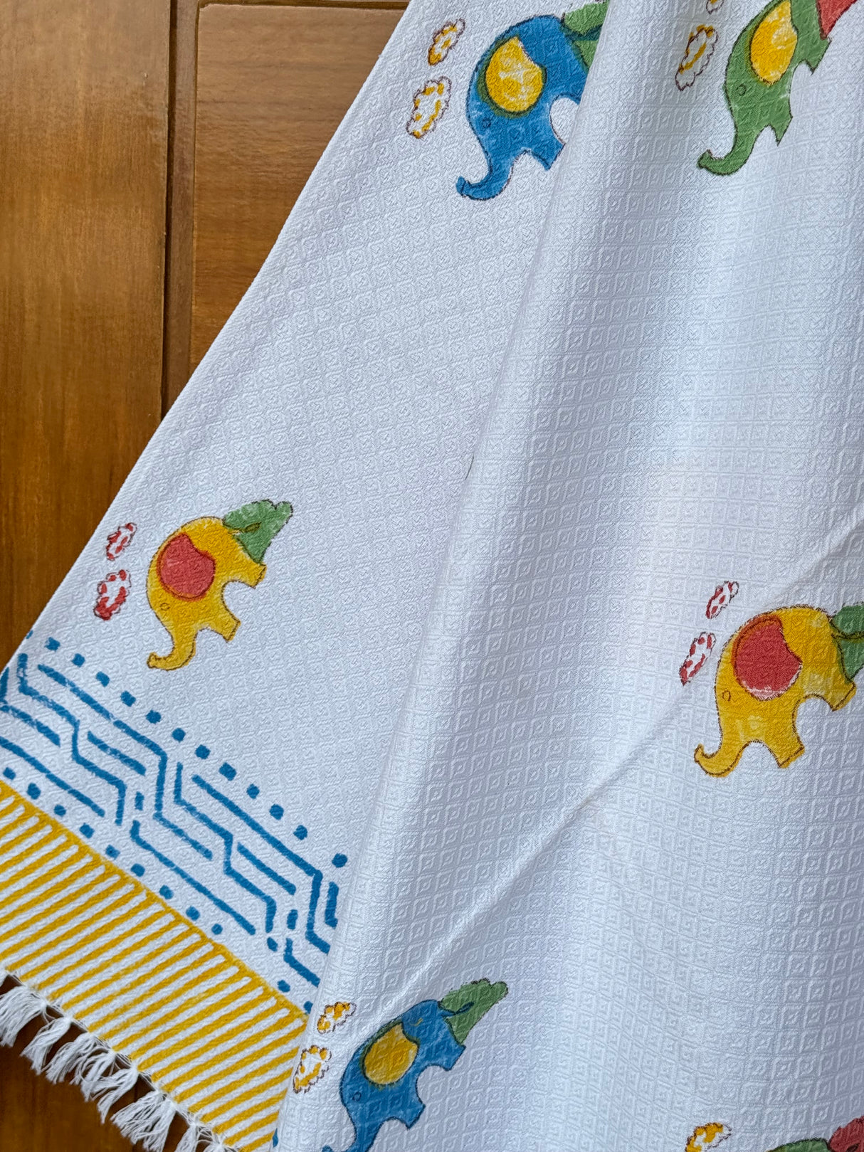 Colorful Elephants Blockprint Kids Towel – Cotton Jacquard Weave