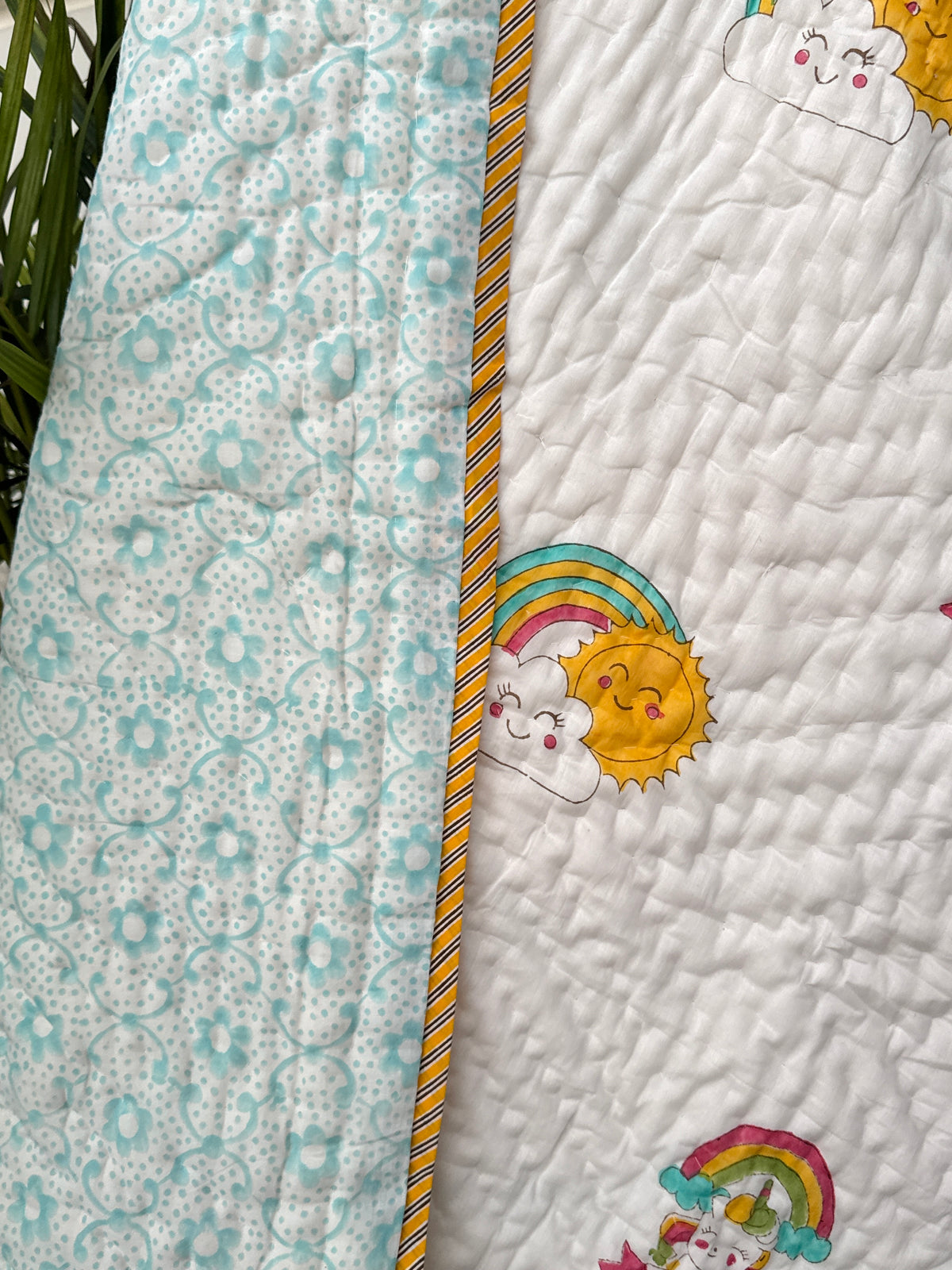 Unicorn Hand Block Printed Cotton Reversible Kids Quilt