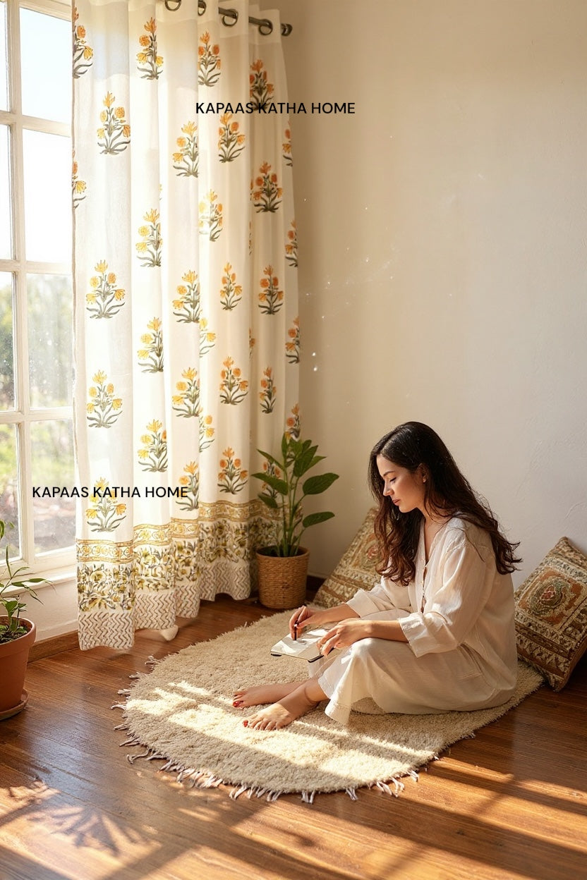 Beautiful Yellow Floral Blockprint Cotton Curtain
