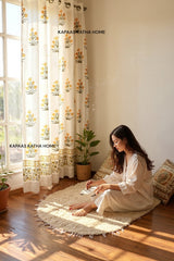 Beautiful Yellow Floral Blockprint Cotton Curtain