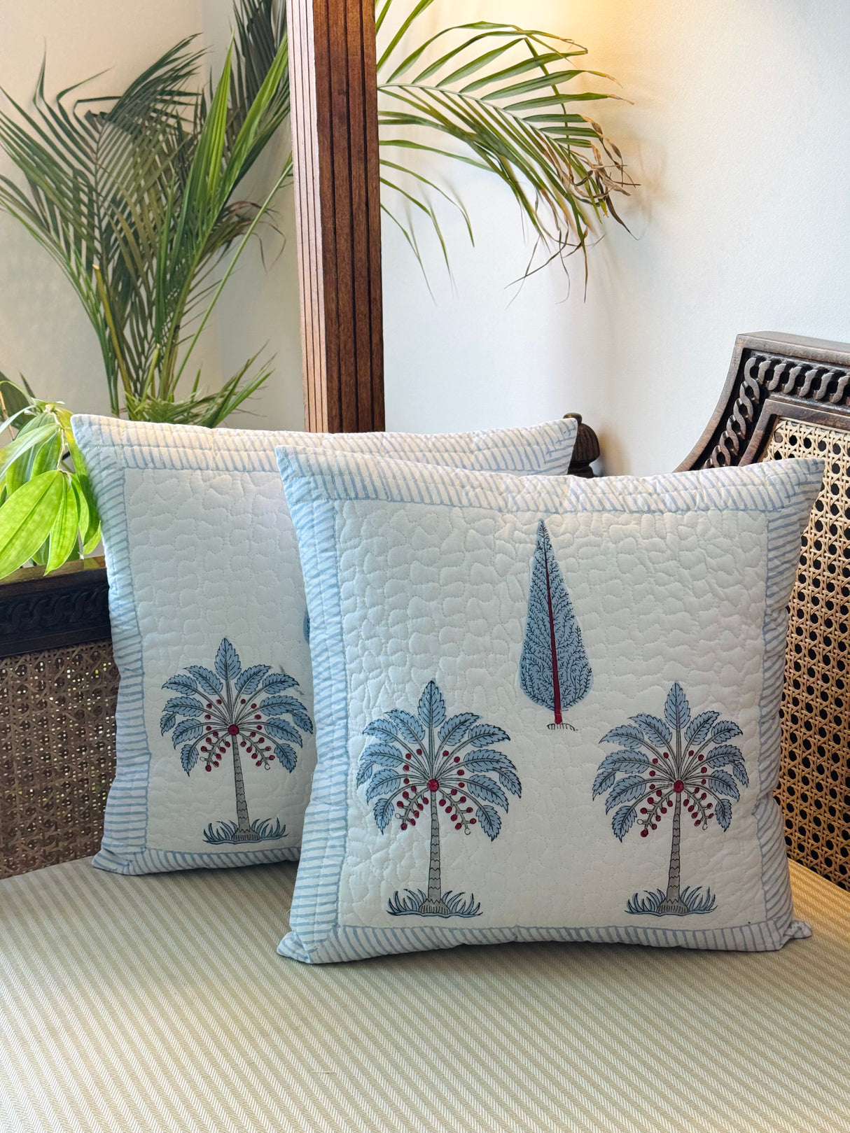 Pair of Quilted Handblock Printed Cushion Covers- 16*16 inches