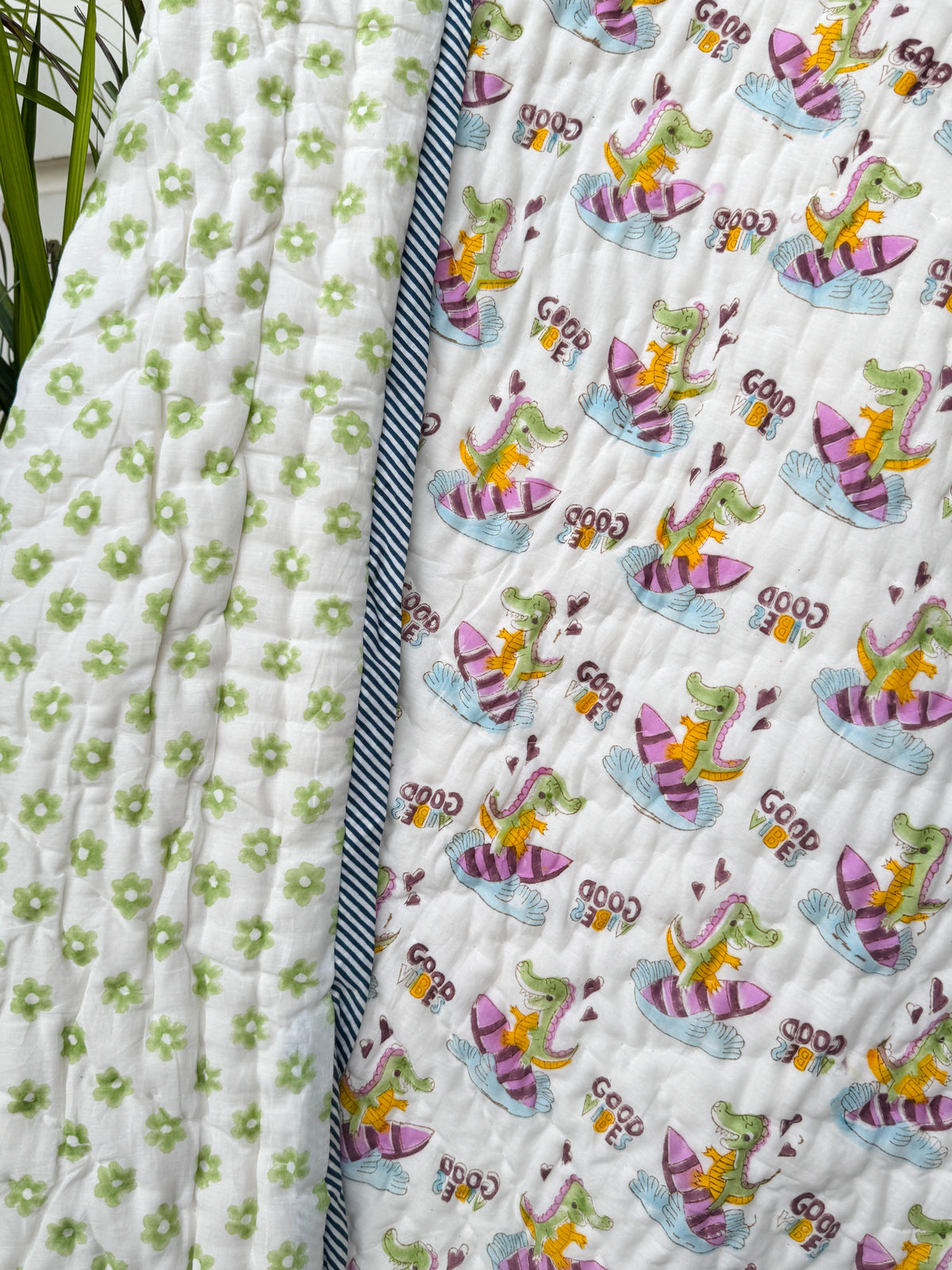 Dinosaur Good Vibes Hand Block Printed Cotton Reversible Kids Quilt
