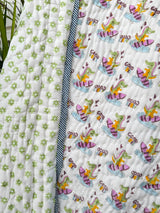 Dinosaur Good Vibes Hand Block Printed Cotton Reversible Kids Quilt