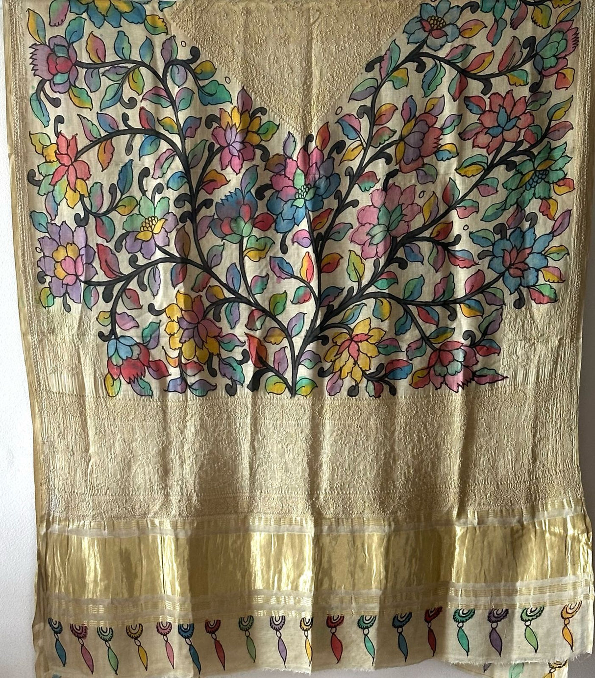 Floral Gajji Silk Chikan Embroidery Hand painted Kalamkari Dupatta