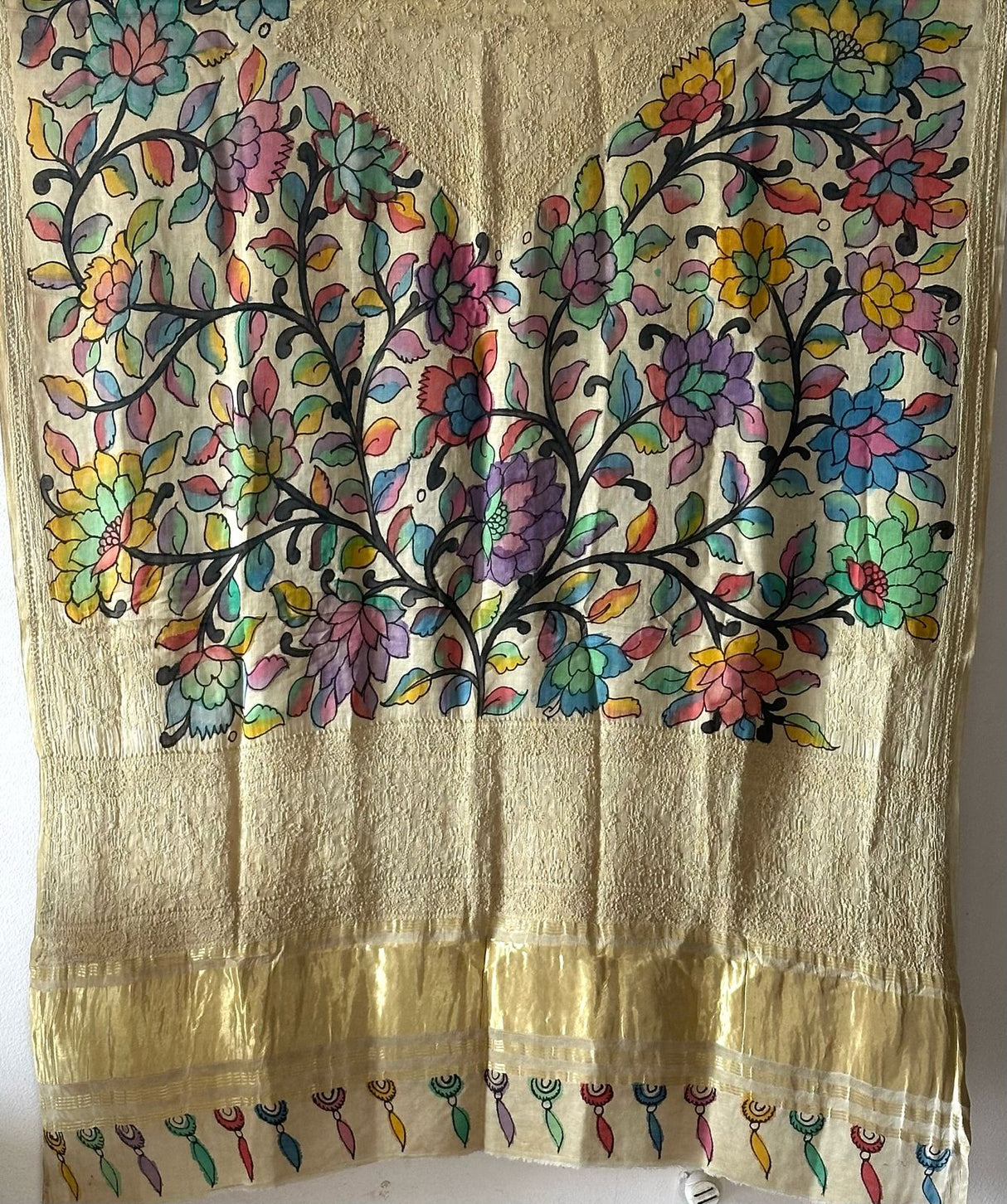 Floral Gajji Silk Chikan Embroidery Hand painted Kalamkari Dupatta