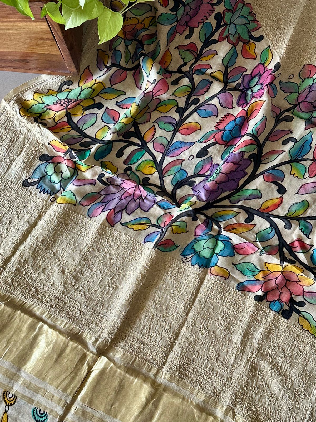 Floral Gajji Silk Chikan Embroidery Hand painted Kalamkari Dupatta