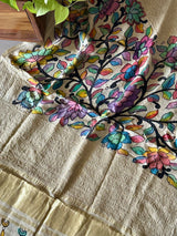 Floral Gajji Silk Chikan Embroidery Hand painted Kalamkari Dupatta