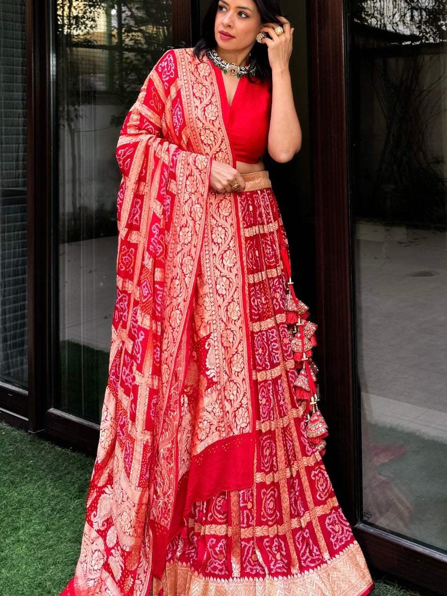 Red Banarsi Georgette Gharchola Bandhani Lehenga with Dupatta