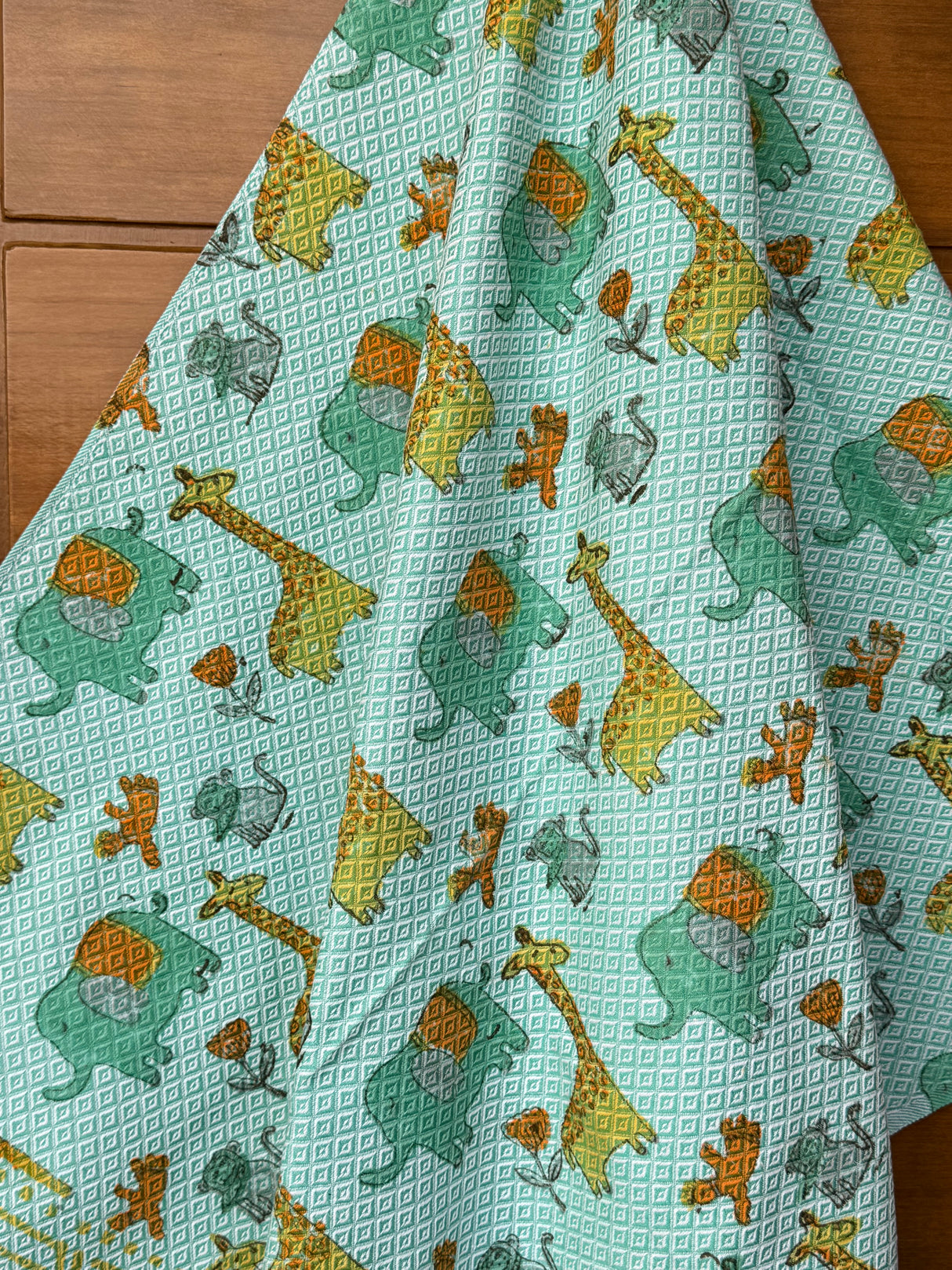 Green Elephant Giraffe Blockprint Kids Towel – Cotton Jacquard Weave