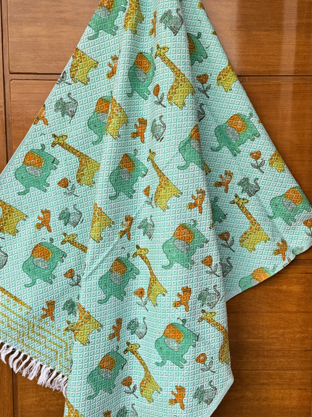 Green Elephant Giraffe Blockprint Kids Towel – Cotton Jacquard Weave