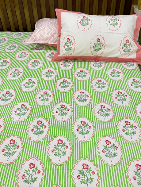Green hand block printed Jaipuri cotton bedsheet