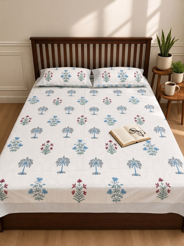 Hand-block printed palm tree cotton bedsheet
