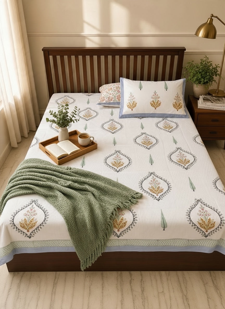 Handblock printed floral cotton bedsheet