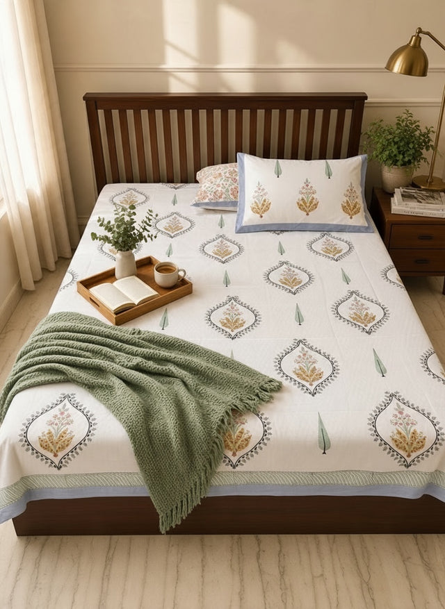 Handblock printed floral cotton bedsheet