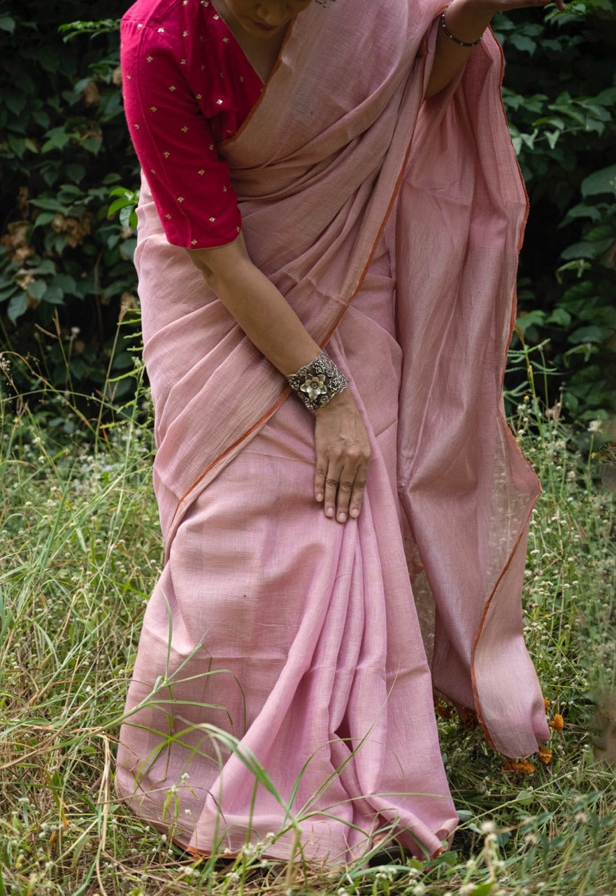 Handloom Tissue Linen Saree Powder Pink and Silver