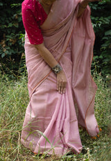 Handloom Tissue Linen Saree Powder Pink and Silver