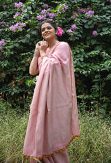 Handloom Tissue Linen Saree Powder Pink and Silver