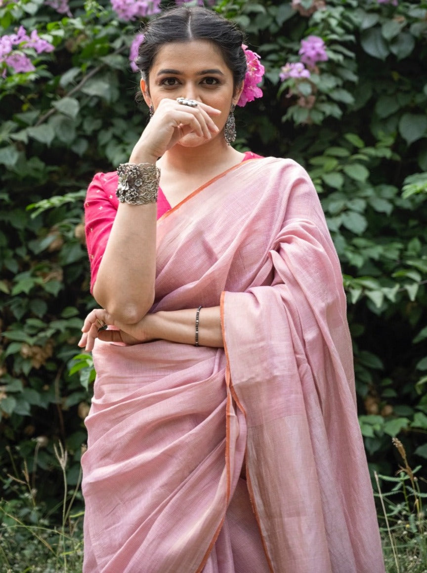 Handloom Tissue Linen Saree Powder Pink and Silver