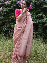 Handloom Tissue Linen Saree Powder Pink and Silver