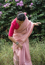 Handloom Tissue Linen Saree Powder Pink and Silver