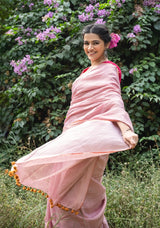 Handloom Tissue Linen Saree Powder Pink and Silver