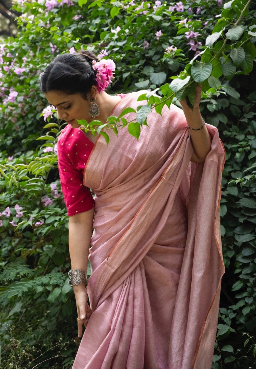 Handloom Tissue Linen Saree Powder Pink and Silver