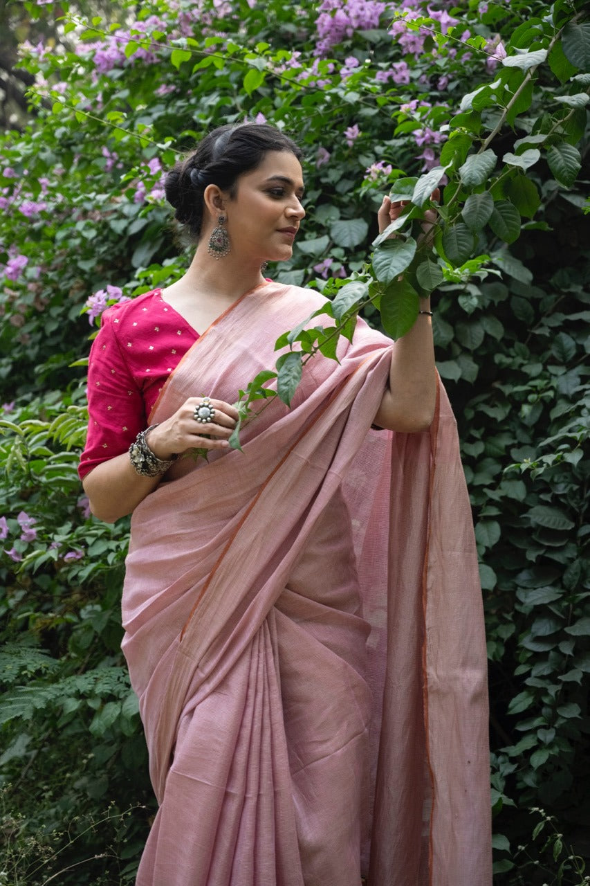 Handloom Tissue Linen Saree Powder Pink and Silver