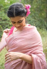 Handloom Tissue Linen Saree Powder Pink and Silver