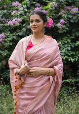 Handloom Tissue Linen Saree Powder Pink and Silver