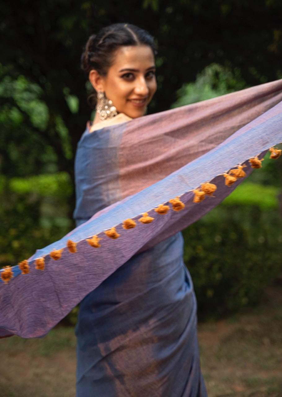 Handloom Tissue Linen Saree Blue and Copper