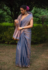 Handloom Tissue Linen Saree Blue and Copper