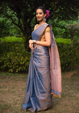 Handloom Tissue Linen Saree Blue and Copper