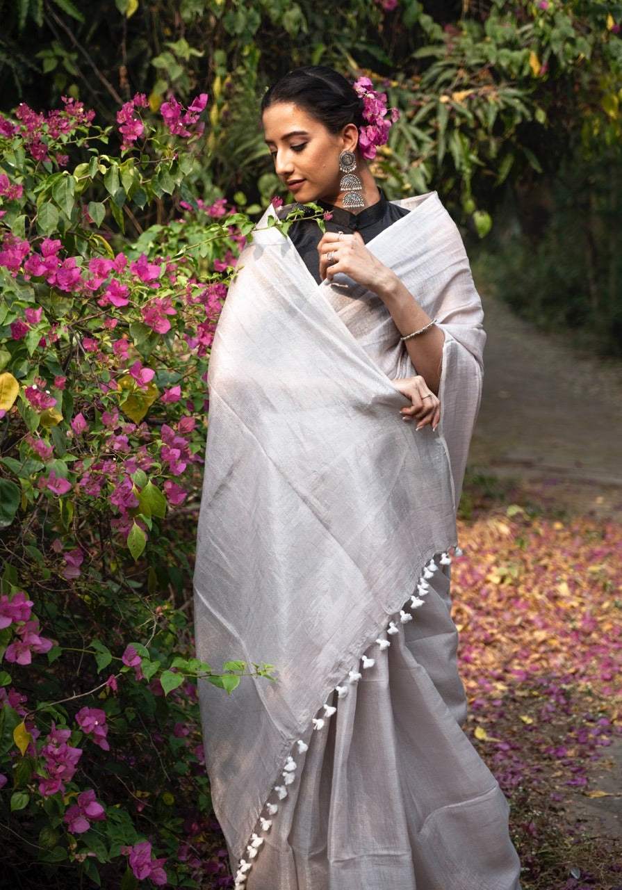 Handloom Tissue Linen Saree Silver