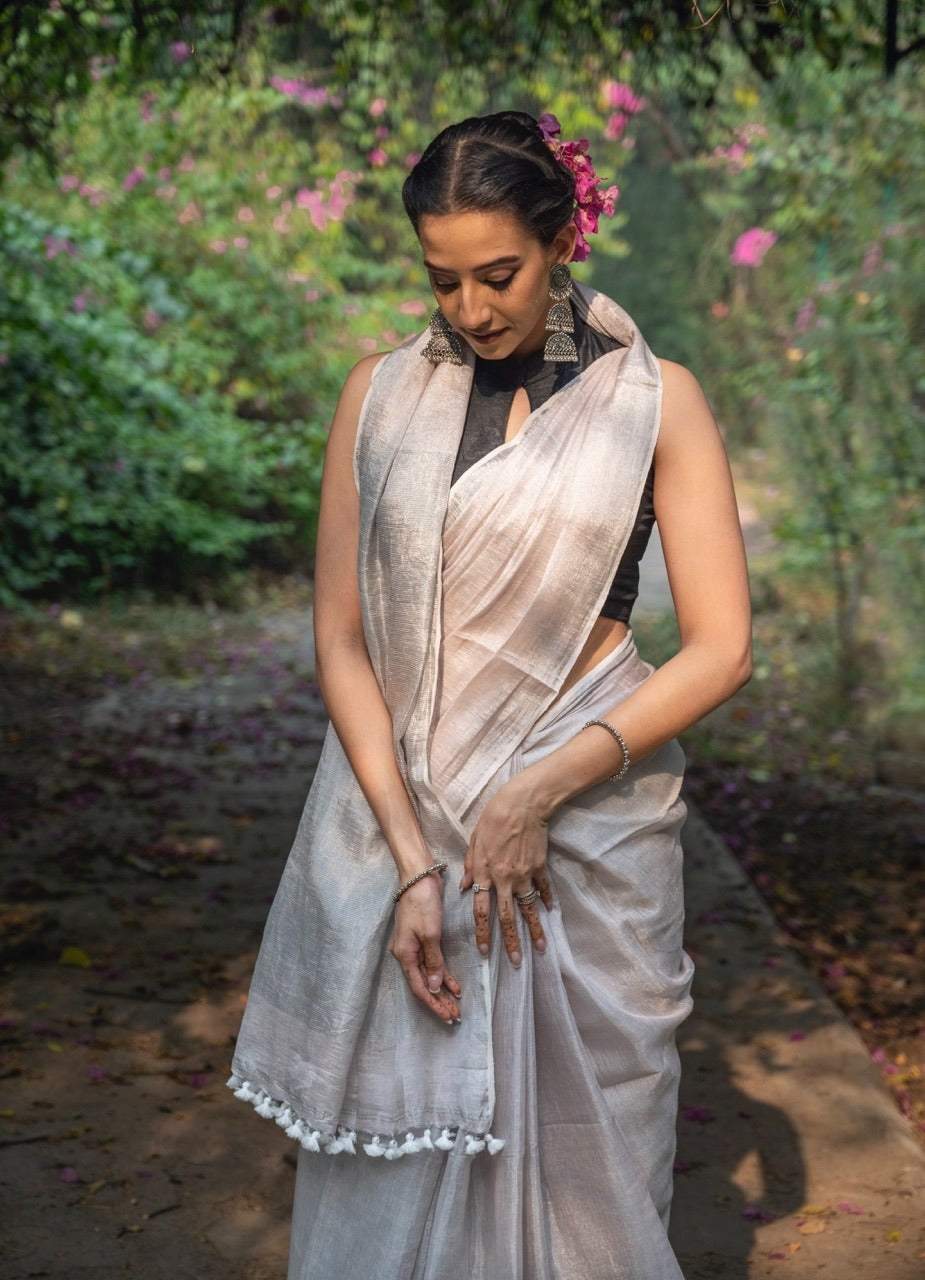 Handloom Tissue Linen Saree Silver