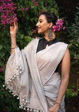 Handloom Tissue Linen Saree Silver