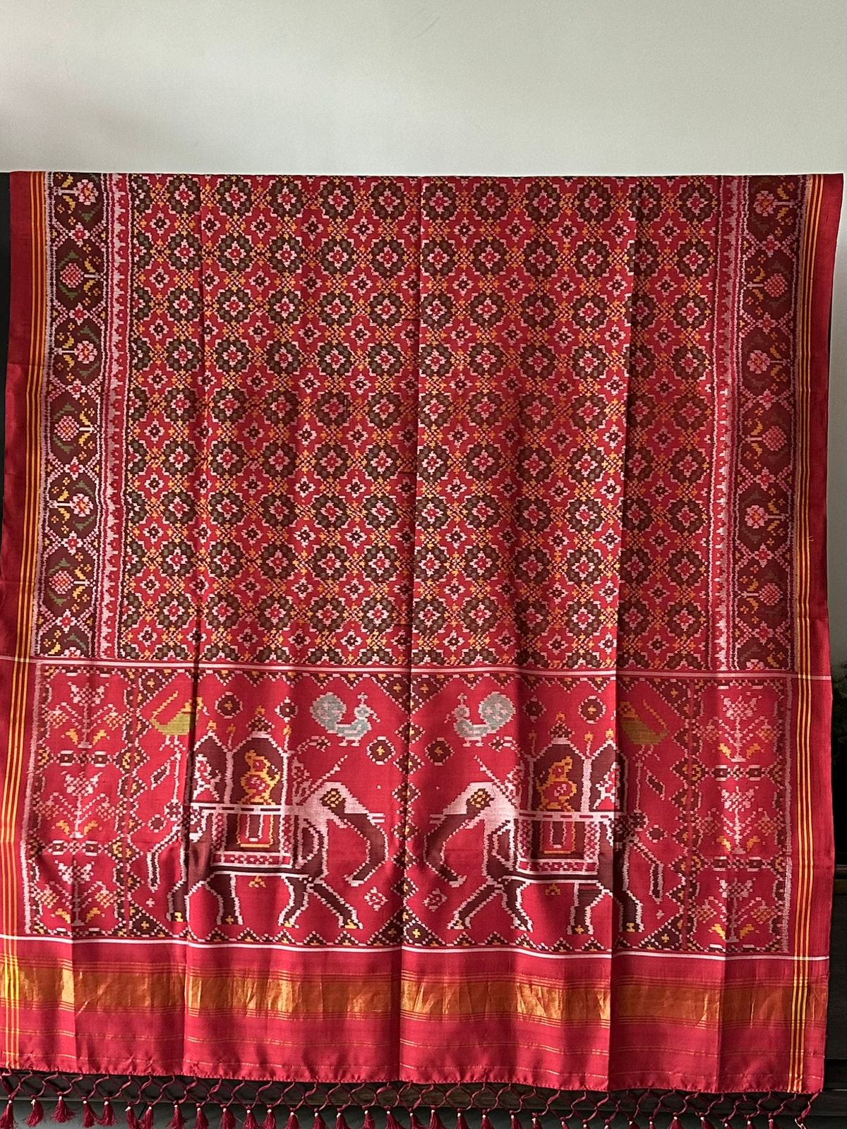 Brick Red Handloom pure silk single ikat/patola dupatta