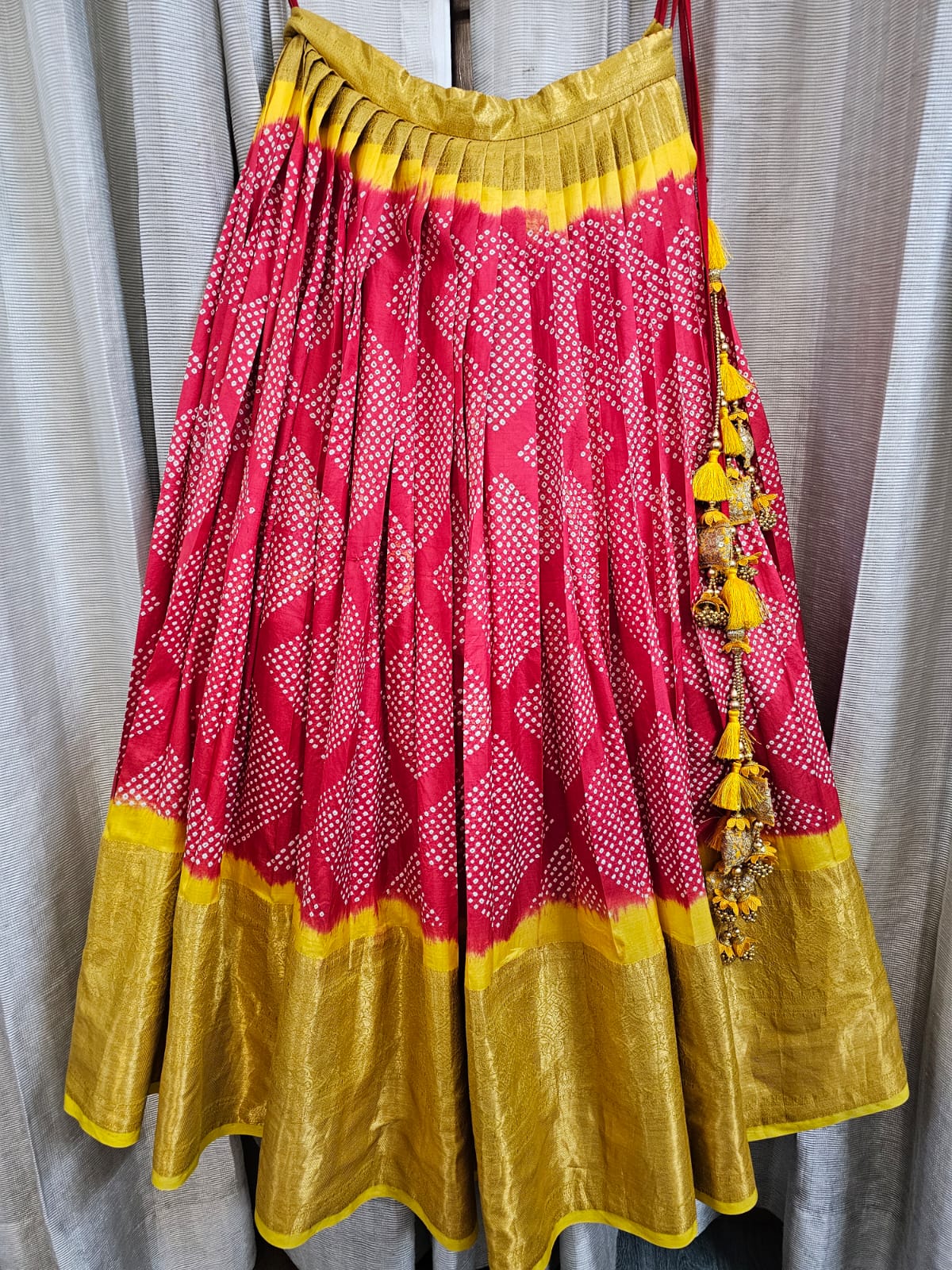 Red & Yellow Pure Kanjeevaram Silk Bandhani Lehenga