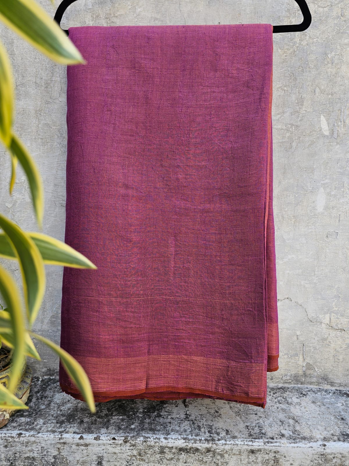 Handloom Tissue Linen Saree in Dual Shade Plum and Copper