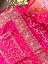 Gorgeous Pink Handloom Pure Banarsi Georgette Bandhani Saree