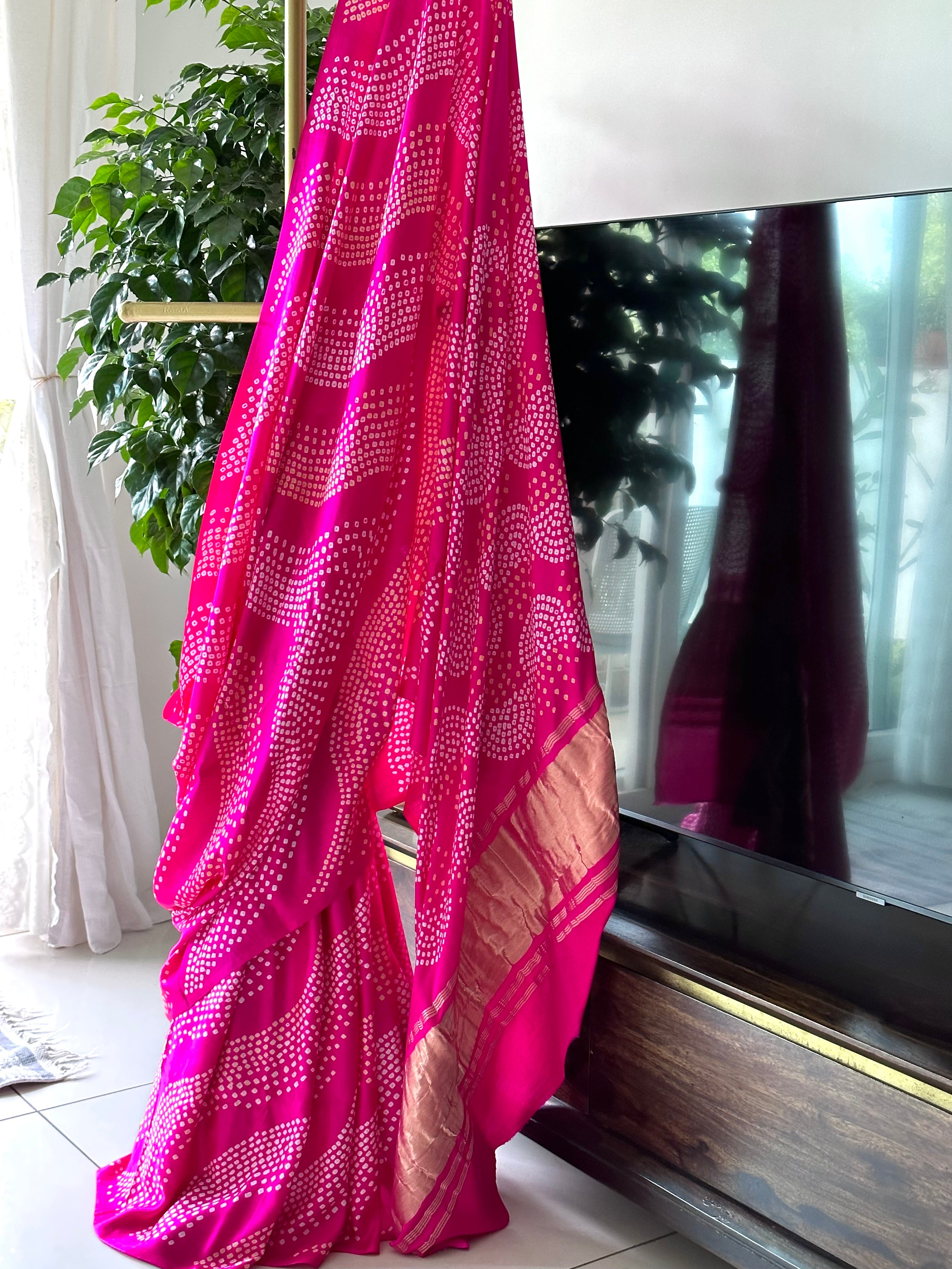 Hot Pink Pure Gajji Silk Bandhani Saree