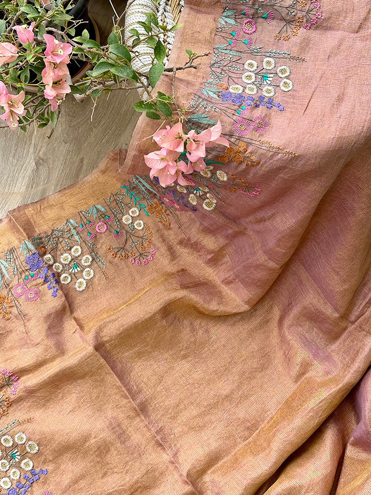 Pink And Gold Handloom Tissue Linen Saree with Machine Embroidery