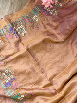 Pink And Gold Handloom Tissue Linen Saree with Machine Embroidery