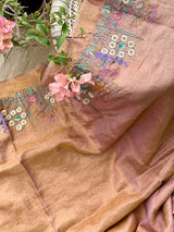 Pink And Gold Handloom Tissue Linen Saree with Machine Embroidery