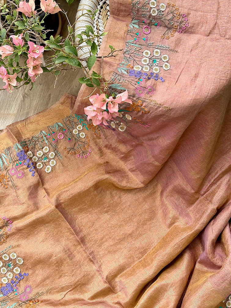 Pink And Gold Handloom Tissue Linen Saree with Machine Embroidery