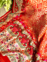 Vibrant Orange and Red Handloom Pure Banarsi Georgette Bandhani Saree