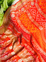 Radiant Orange Handloom Pure Banarsi Georgette Rai Bandhani Saree