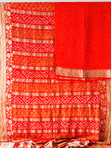 Radiant Orange Handloom Pure Banarsi Georgette Rai Bandhani Saree