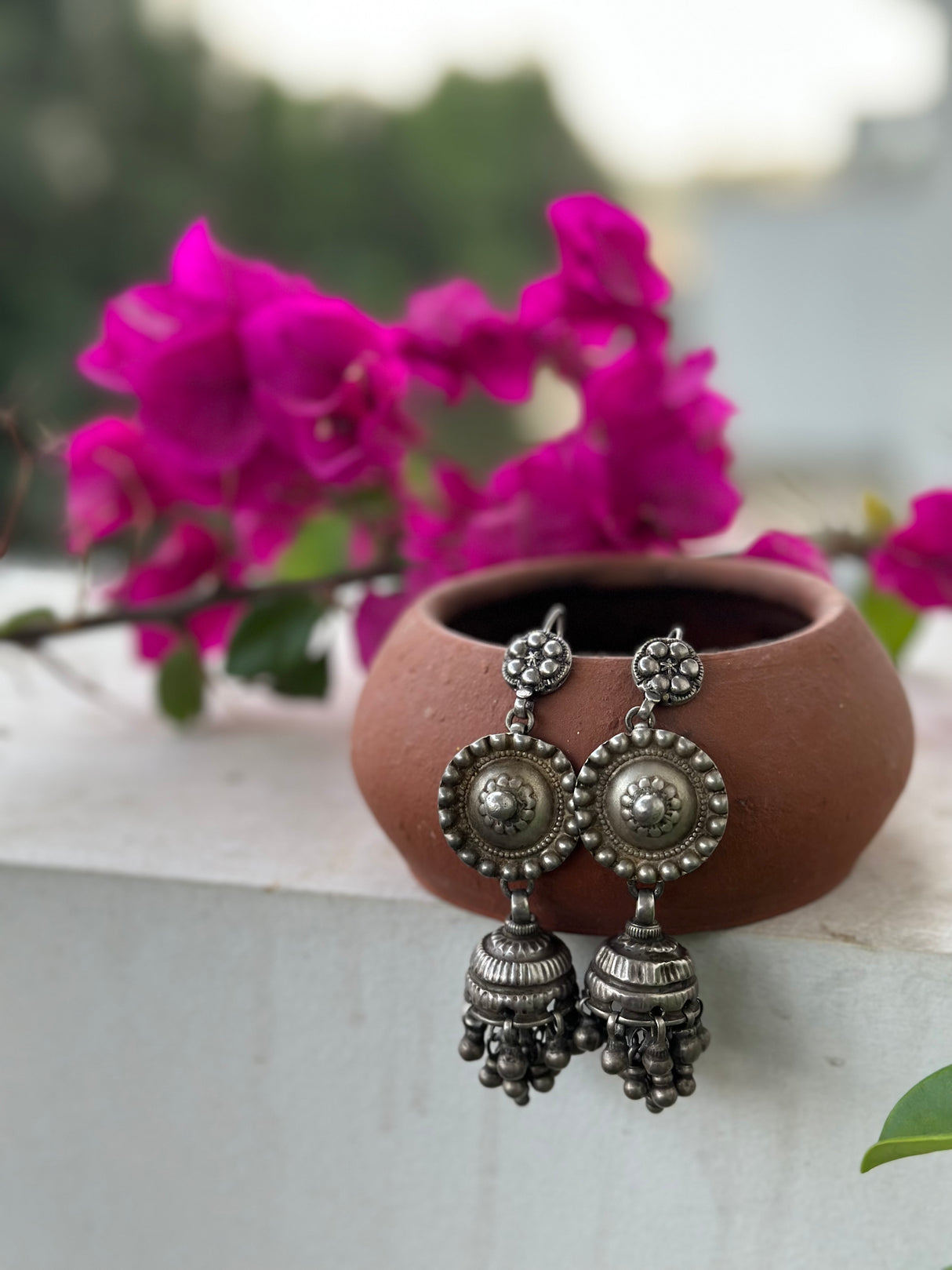 Handcrafted Antique Style Silver Jhumkis